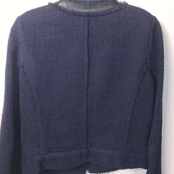Rebecca Taylor *Navy Blue* Frayed Fringe Tweed Blazer Jacket Leather Accents 4 - Picture 15 of 15